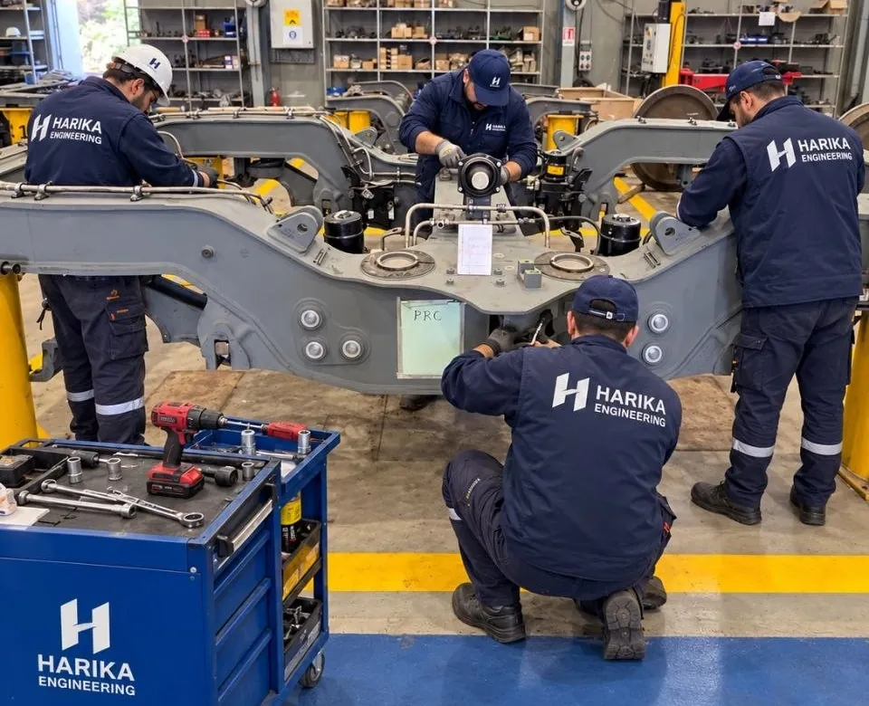 Harika Engineering technicians servicing a bogie frame in the workshop
